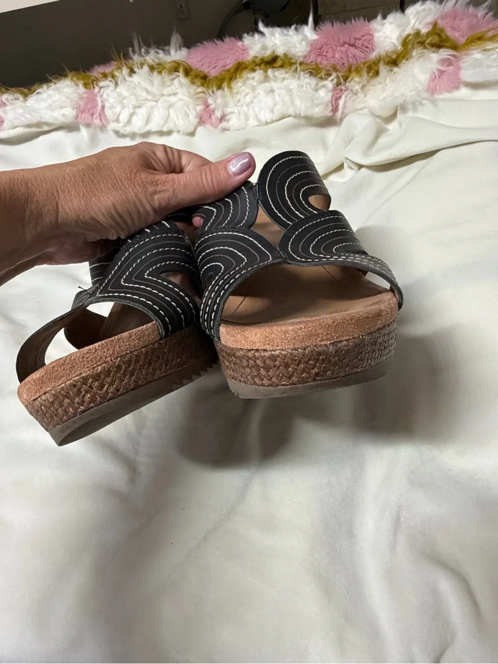 Vionic Malorie Wedge Slide Raffia Sandal - Black and Brown Comfort Travel 9.5M